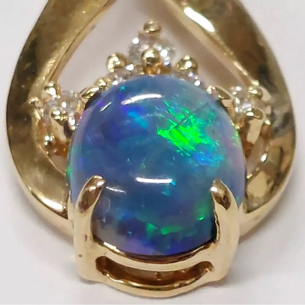 🎇 Black Opal & Diamond 14K Gold Pendant 💚🩵 - Picture 6 of 16